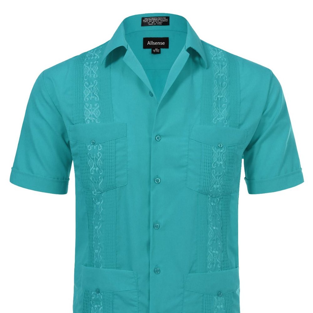 Men's Short Sleeve Cuban Guayabera Shirt Turquoise
